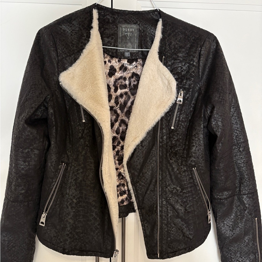 Guess Women's Textured Black Leather Jacket with Cream Fur Lining